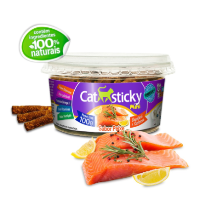 Cat Stick Mini sabor Peixe. Pote com 100g de mini tubinhos para gatos