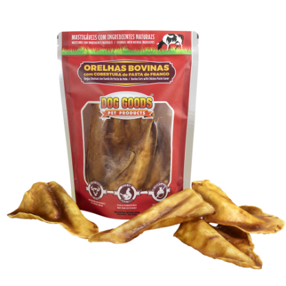 Orelha Bovina com Cobertura de Pasta de Frango. Cartela com 4 unidades