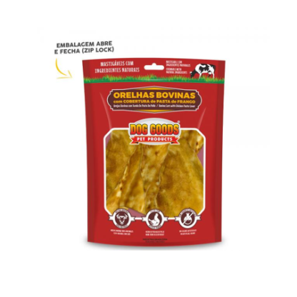 Orelha Bovina com Cobertura de Pasta de Frango. Pacote com 180 gramas.